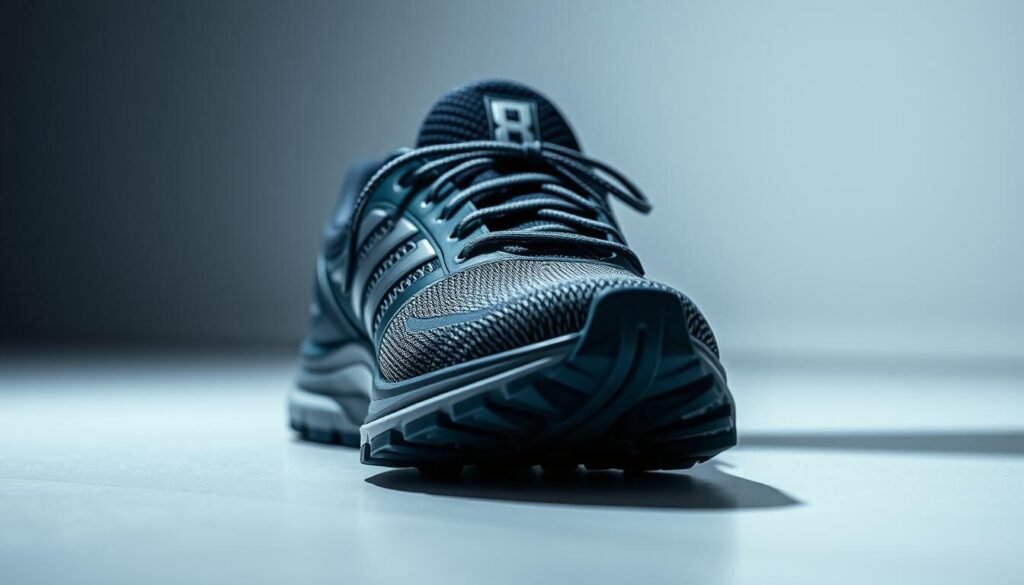 A close-up view of the Olympikus Corre 4 running shoe, showcasing its sleek and modern design. The shoe is positioned on a clean, minimalist surface, with balanced lighting that highlights its key features. The foreground emphasizes the shoe's textured upper, breathable mesh panels, and sturdy yet flexible sole, conveying a sense of high performance and comfort. The middle ground provides a subtle context, allowing the shoe to be the main focus, while the background remains soft and blurred, creating a sense of depth and emphasis on the subject. The overall mood is one of sophistication, athleticism, and attention to detail, capturing the essence of the Corre 4 model and its intended use for active, high-intensity pursuits.