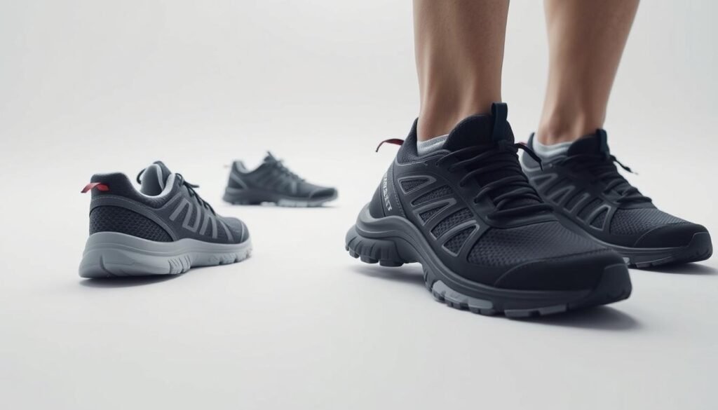 A comprehensive evaluation of walking shoes on a minimalist white background. The foreground features a pair of well-cushioned, flexible sneakers with supportive ankle collars and durable rubber soles. The middle ground showcases the shoes from multiple angles, highlighting breathable mesh panels and shock-absorbing midsoles. The background subtly fades to a clean, clinical ambiance, drawing focus to the technical specifications and performance-oriented design of the ideal walking footwear. A comprehensive evaluation of walking shoes on a minimalist white background. The foreground features a pair of well-cushioned, flexible sneakers with supportive ankle collars and durable rubber soles. The middle ground showcases the shoes from multiple angles, highlighting breathable mesh panels and shock-absorbing midsoles. The background subtly fades to a clean, clinical ambiance, drawing focus to the technical specifications and performance-oriented design of the ideal walking footwear.