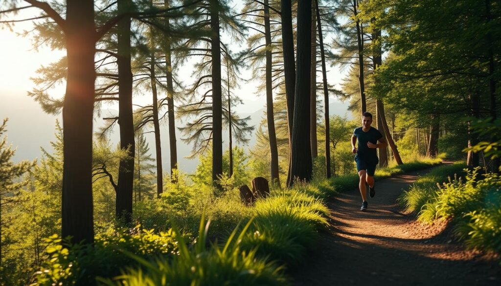 A cozy and protective running scene in a warm, sun-dappled forest. In the foreground, a runner wearing the Olympikus Corre 4 shoes strides confidently along a winding trail, their body language conveying a sense of comfort and security. The middle ground features lush, verdant foliage and tall, sturdy trees that provide a natural canopy, casting soft, diffused lighting on the scene. In the background, glimpses of a scenic mountain range create a serene, almost otherworldly atmosphere. The overall mood is one of tranquility, ease, and the feeling of being enveloped in a safe, nurturing environment - a perfect embodiment of the "comfort and protection" offered by the Olympikus Corre 4.
