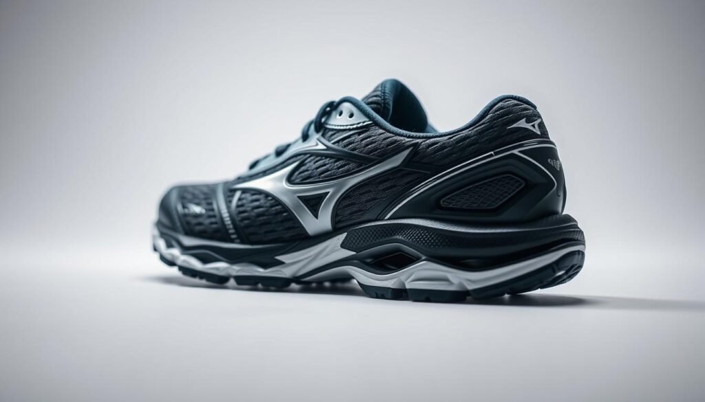 A detailed close-up shot of the Mizuno Wave Dynasty 4 running shoe, showcasing its key features. The shoe sits on a plain white background, allowing the design elements to take center stage. Crisp, even lighting illuminates the textured upper, highlighting the intricate Mizuno Wave technology and the supportive midsole. The shot is angled slightly to reveal the side profile, capturing the sleek, aerodynamic silhouette. The overall mood is one of technical precision and high performance, reflecting the shoe's design and capabilities. A detailed close-up shot of the Mizuno Wave Dynasty 4 running shoe, showcasing its key features. The shoe sits on a plain white background, allowing the design elements to take center stage. Crisp, even lighting illuminates the textured upper, highlighting the intricate Mizuno Wave technology and the supportive midsole. The shot is angled slightly to reveal the side profile, capturing the sleek, aerodynamic silhouette. The overall mood is one of technical precision and high performance, reflecting the shoe's design and capabilities.