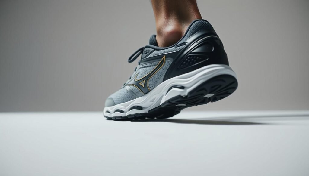 A detailed close-up shot of the Mizuno Wave Dynasty 4 running shoe, showcasing its sleek design and distinctive wave-patterned sole. The shoe is set against a plain white background, allowing the product to be the focal point. The lighting is soft and even, highlighting the shoe's smooth lines, high-quality materials, and subtle branding. The camera angle is slightly angled, providing a dynamic perspective that invites the viewer to examine the shoe's features. The overall mood is one of quality, sophistication, and attention to detail, reflecting the premium nature of the Mizuno Wave Dynasty 4 model. A detailed close-up shot of the Mizuno Wave Dynasty 4 running shoe, showcasing its sleek design and distinctive wave-patterned sole. The shoe is set against a plain white background, allowing the product to be the focal point. The lighting is soft and even, highlighting the shoe's smooth lines, high-quality materials, and subtle branding. The camera angle is slightly angled, providing a dynamic perspective that invites the viewer to examine the shoe's features. The overall mood is one of quality, sophistication, and attention to detail, reflecting the premium nature of the Mizuno Wave Dynasty 4 model.