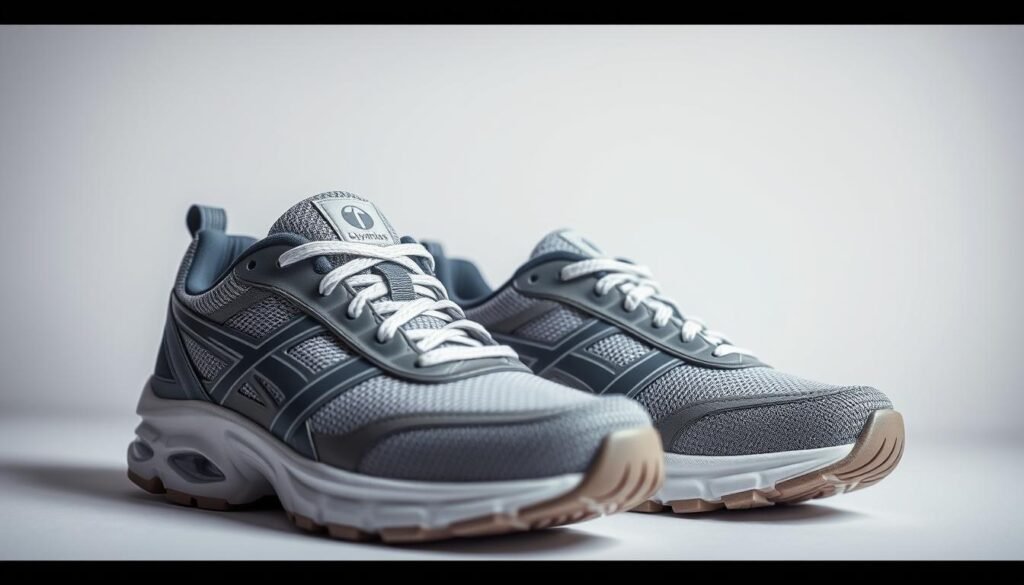 A detailed, high-quality photograph of the features and design characteristics of a pair of Olympikus sports shoes. The shoes are displayed prominently in the foreground, with a clean, well-lit studio backdrop. The image showcases the shoes' materials, construction, and unique design elements such as the logo, cushioning, and tread pattern. The lighting is soft and diffused, creating an even, natural illumination that highlights the shoes' textures and colors. The camera angle is slightly angled to provide a dynamic, three-dimensional perspective. The overall mood is one of focused attention on the technical and aesthetic qualities of the Olympikus footwear.
