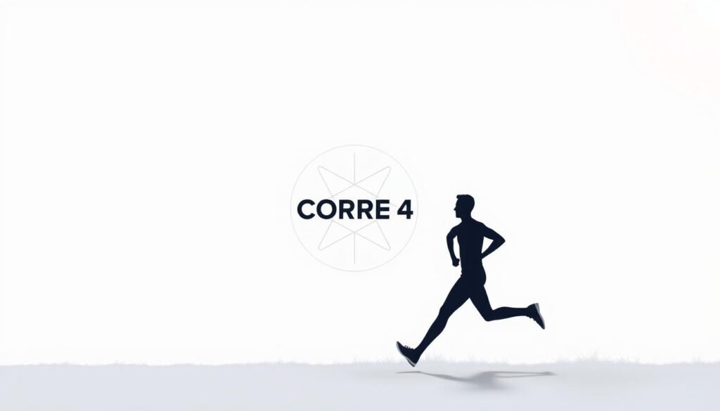 A minimalist and modern illustration depicting the essence of "Corre 4", a running program. In the foreground, a stylized runner silhouette, dynamic and focused, against a clean background. In the middle ground, a circular graphic with intersecting lines, representing the structured training plan. In the background, a subtle gradient or texture, conveying a sense of motion and energy. Lighting is bright and clear, with a soft, natural feel. The overall composition is balanced and visually appealing, capturing the efficiency and simplicity of the "Corre 4" running system.
