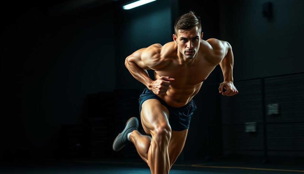 A muscular athlete in a dynamic sprinting pose, their powerful legs propelling them forward with incredible speed and grace. The foreground captures the athlete's intense focus and determination, their expression resolute as they push the limits of their physical abilities. The middle ground blurs into a dynamic motion blur, conveying the sheer velocity of the movement. The background is a dimly lit, industrial setting, adding a sense of gritty intensity to the scene. Dramatic side lighting casts dramatic shadows, emphasizing the sculpted musculature and the athlete's unwavering dedication. The overall mood is one of raw, unbridled power and determination, capturing the essence of an elite athlete's pursuit of excellence.