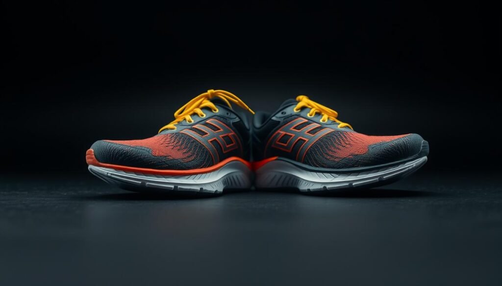 A pair of high-quality Olympikus running shoes resting on a sleek black background. The shoes are captured in a well-lit, studio-style setting, showcasing their intricate design and vibrant color scheme. The camera angle provides a clean, front-facing view, allowing the viewer to appreciate the craftsmanship and attention to detail. The shoes appear to be freshly cleaned and polished, with a slight reflection visible on the surface. The overall composition exudes a sense of professionalism and elegance, perfectly complementing the introduction to Olympikus running shoes.