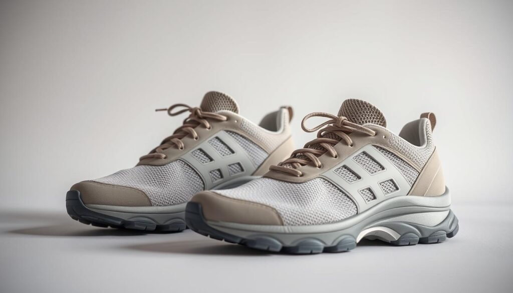 A pair of high-quality walking shoes in a neutral color scheme, showcased against a clean, minimalist background. The shoes feature a sturdy, flexible sole with excellent grip, offering optimal support and cushioning for long walks. The upper is made of breathable, lightweight mesh material that allows for maximum air circulation, keeping the feet cool and comfortable. Soft padding around the ankle and tongue provides additional comfort. The laces are secured tightly, ensuring a secure, customized fit. Soft, indirect lighting illuminates the shoes, highlighting their sleek design and attention to detail, conveying a sense of quality and purpose-built functionality.