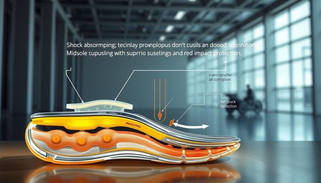 A scientific cross-section diagram of Mizuno's shock absorption technology, showcasing the intricate layers and mechanisms that provide superior cushioning and impact protection. The foreground features a detailed illustration of the midsole structure, highlighting the strategically placed gel pockets and foams that absorb and disperse forces. The middle ground showcases the technology's biomechanical principles, with arrows and annotations explaining the energy transfer and shock attenuation processes. The background depicts a sleek, minimalist industrial setting, suggesting the advanced engineering and research behind Mizuno's advanced cushioning systems. The lighting is clear and precise, allowing the viewer to appreciate the technical nuances of this innovative shock dampening technology. A scientific cross-section diagram of Mizuno's shock absorption technology, showcasing the intricate layers and mechanisms that provide superior cushioning and impact protection. The foreground features a detailed illustration of the midsole structure, highlighting the strategically placed gel pockets and foams that absorb and disperse forces. The middle ground showcases the technology's biomechanical principles, with arrows and annotations explaining the energy transfer and shock attenuation processes. The background depicts a sleek, minimalist industrial setting, suggesting the advanced engineering and research behind Mizuno's advanced cushioning systems. The lighting is clear and precise, allowing the viewer to appreciate the technical nuances of this innovative shock dampening technology.