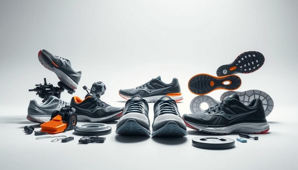A sleek and modern arrangement of Olympikus running shoe technologies, showcased against a clean, bright background. In the foreground, an array of technical components and materials - breathable mesh uppers, cushioned midsoles, durable outsoles - arranged in an eye-catching, symmetrical composition. In the middle ground, a pair of Olympikus running shoes, their design elements highlighted to emphasize the brand's innovative features. The background features a plain, well-lit setting, allowing the technologies to take center stage. Subtle shadows and soft highlights create depth and dimension, while the overall mood is one of high-quality, performance-focused athletic gear. A sleek and modern arrangement of Olympikus running shoe technologies, showcased against a clean, bright background. In the foreground, an array of technical components and materials - breathable mesh uppers, cushioned midsoles, durable outsoles - arranged in an eye-catching, symmetrical composition. In the middle ground, a pair of Olympikus running shoes, their design elements highlighted to emphasize the brand's innovative features. The background features a plain, well-lit setting, allowing the technologies to take center stage. Subtle shadows and soft highlights create depth and dimension, while the overall mood is one of high-quality, performance-focused athletic gear.