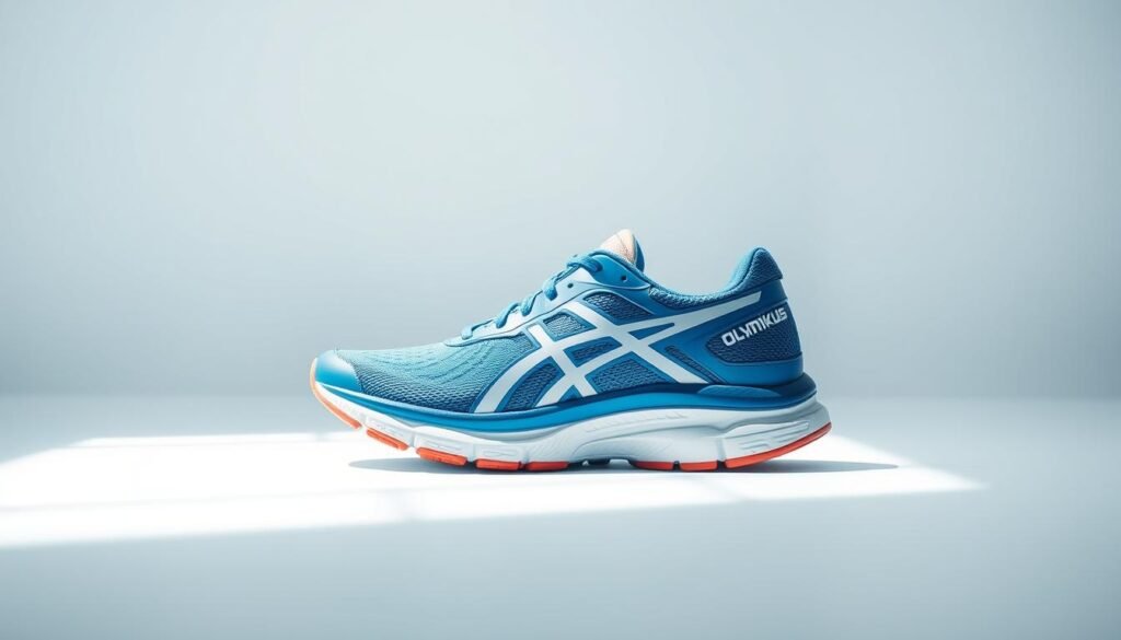 A sleek, modern running shoe in a vibrant blue and white colorway, the Olympikus Corre 4 rests on a plain white background. The shoe's streamlined silhouette is accentuated by clean lines and a minimalist design, with the Olympikus logo prominently displayed on the side. The midsole features a subtle textured pattern, hinting at the shoe's advanced cushioning and stability features. Soft, diffused lighting from above casts gentle shadows, highlighting the shoe's contours and creating a sense of depth and dimensionality. The overall aesthetic is one of athletic prowess and contemporary style, perfectly capturing the essence of the "Olympikus Corre 4" running shoe. A sleek, modern running shoe in a vibrant blue and white colorway, the Olympikus Corre 4 rests on a plain white background. The shoe's streamlined silhouette is accentuated by clean lines and a minimalist design, with the Olympikus logo prominently displayed on the side. The midsole features a subtle textured pattern, hinting at the shoe's advanced cushioning and stability features. Soft, diffused lighting from above casts gentle shadows, highlighting the shoe's contours and creating a sense of depth and dimensionality. The overall aesthetic is one of athletic prowess and contemporary style, perfectly capturing the essence of the "Olympikus Corre 4" running shoe.