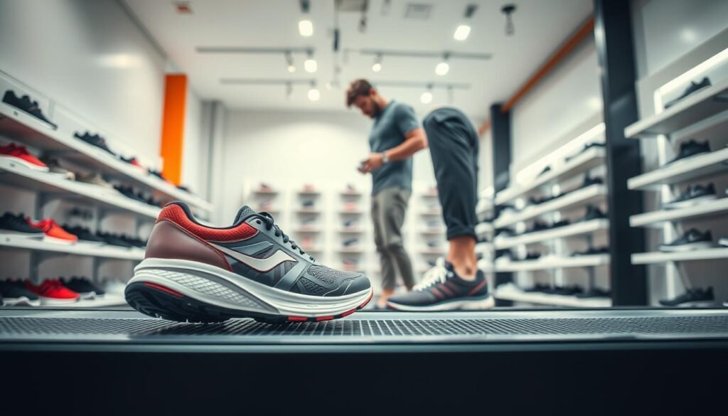 A vibrant, high-resolution image of a person standing in a well-lit, modern athletic store, intently examining a pair of running shoes on a display shelf. The foreground features the shoes in sharp focus, showcasing their design details, sole structure, and color palette. The middle ground shows the person, casually dressed in activewear, carefully inspecting the shoes from multiple angles. The background depicts the store's minimalist, clean aesthetic, with sleek shelving, bright lighting, and a neutral color scheme that complements the running shoes. The overall atmosphere conveys a sense of expertise, consideration, and the importance of selecting the right running shoes.