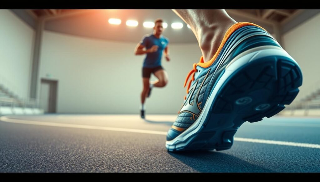 A vibrant sports shoe in the foreground, showcasing the Mizuno logo prominently. The midsole and outsole of the shoe are detailed, highlighting the superior cushioning and traction technology. In the middle ground, a runner's silhouette in motion, emphasizing the shoe's performance capabilities. The background features a clean, minimalist sports arena setting, with subtle lighting casting a warm glow on the scene. The overall atmosphere conveys a sense of dynamism, quality, and the athlete's confidence in their Mizuno running shoes.