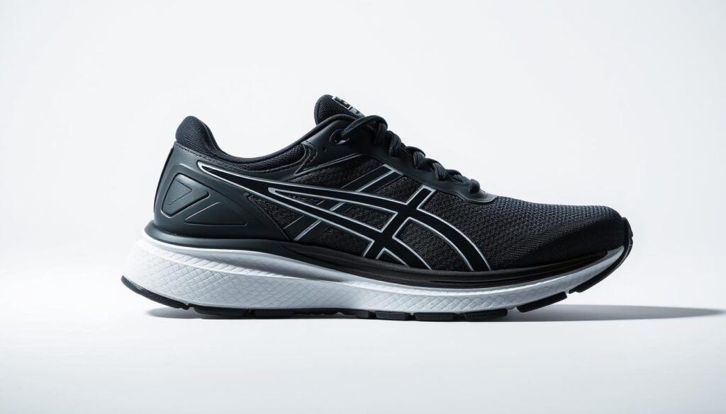 A well-crafted running shoe in a sleek, modern design. Crisp, high-contrast lighting accentuates the shoe's contours and textured surfaces. The upper features a breathable mesh with strategic overlays for support, while the flexible midsole cushions each stride. The outsole showcases a durable, grippy tread pattern optimized for road running. Subtle branding elements complement the design's streamlined aesthetic. The overall composition highlights the shoe's technical capabilities and premium quality, conveying a sense of performance and sophistication.