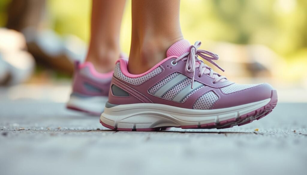 A well-designed walking shoe with a sturdy, flexible sole, providing optimal cushioning and support for the feet. The shoe features a breathable mesh upper, with reinforced overlays for durability. The lacing system allows for a secure, adjustable fit. Bright, neutral colors in the foreground, complemented by a soft, natural background, creating a fresh, active atmosphere. Careful attention to details, capturing the technical features and performance aspects that make this the ideal walking companion for the modern woman.