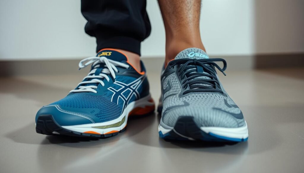 A well-lit, close-up shot of a pair of high-performance running shoes, one Asics and one Mizuno, placed side by side on a clean, neutral-colored surface. The shoes are shown from a low, slightly angled perspective, highlighting their detailed designs, materials, and technical features. The image conveys a sense of precision, comparison, and analysis, with a focus on the key performance aspects that differentiate the two brands. The lighting is balanced, creating clear shadows and highlights to emphasize the shoes' contours and textures. The overall mood is professional, informative, and inviting, setting the stage for a detailed performance analysis. A well-lit, close-up shot of a pair of high-performance running shoes, one Asics and one Mizuno, placed side by side on a clean, neutral-colored surface. The shoes are shown from a low, slightly angled perspective, highlighting their detailed designs, materials, and technical features. The image conveys a sense of precision, comparison, and analysis, with a focus on the key performance aspects that differentiate the two brands. The lighting is balanced, creating clear shadows and highlights to emphasize the shoes' contours and textures. The overall mood is professional, informative, and inviting, setting the stage for a detailed performance analysis.