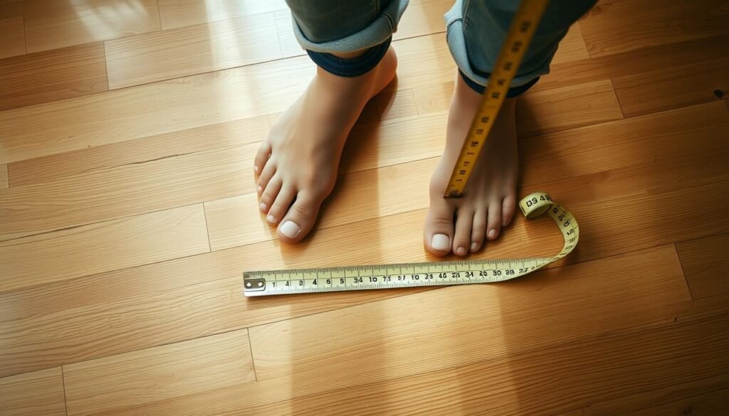 A well-lit, high-angle photograph of a person's feet standing on a wooden floor, with a measuring tape or ruler placed alongside to measure the foot length. The person is wearing casual, comfortable socks or no shoes, and the focus is on the feet and the measurement process. The lighting is soft and natural, creating a warm, inviting atmosphere that suggests a cozy, home-like setting. The background is minimalist, allowing the feet and the measurement to be the central focus of the image.