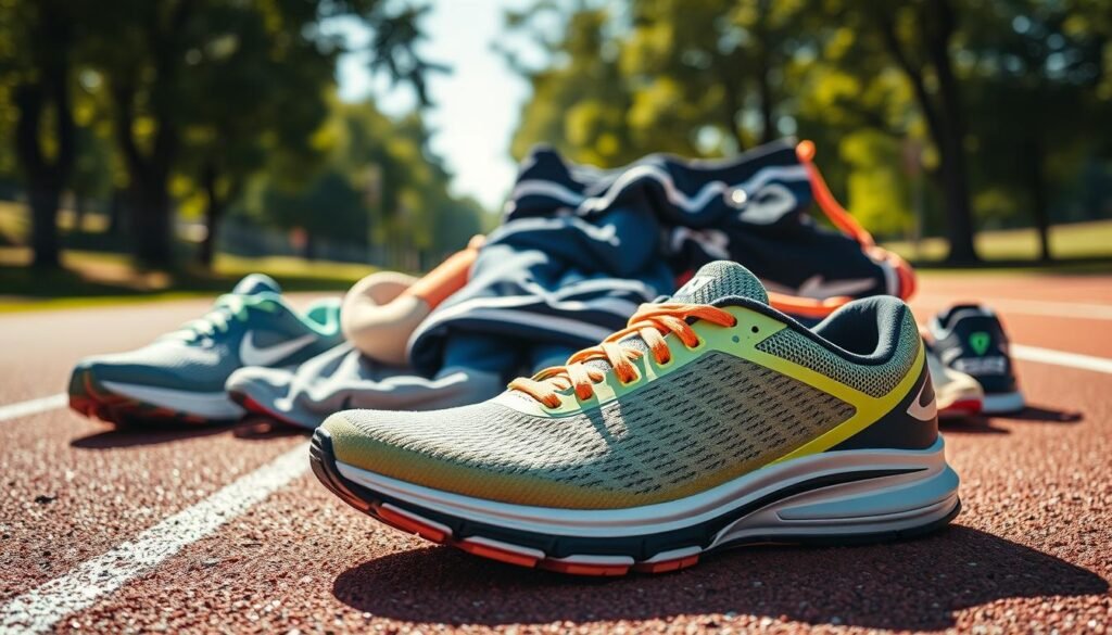 A well-lit, high-quality photograph of running shoes and athletic gear, showcasing the benefits of budget-friendly running shoes. The foreground features a pair of sleek, lightweight running shoes in a vibrant color, with cushioned soles and breathable mesh uppers. In the middle ground, various pieces of workout apparel such as moisture-wicking shirts, shorts, and socks are arranged neatly. The background depicts a serene, sun-dappled outdoor setting, like a lush park or track, conveying a sense of health, energy, and the joy of running. The overall composition emphasizes the versatility, comfort, and performance capabilities of affordable running shoes suitable for everyday fitness enthusiasts.