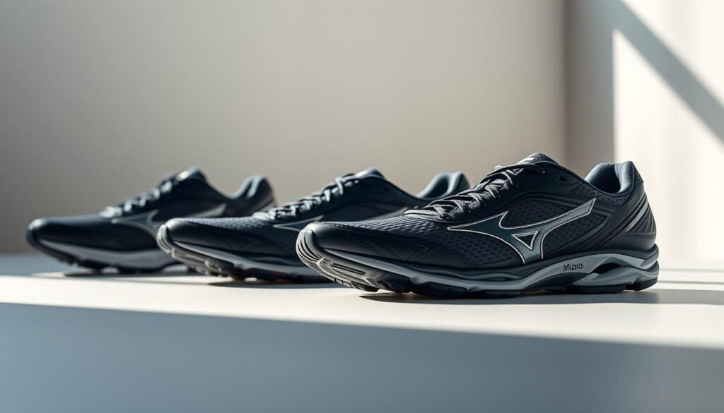A well-lit, high-resolution product shot of the best Mizuno running shoe models available for under R$1000. The shoes are displayed in the foreground on a clean, minimalist surface, with subtle shadows and natural lighting highlighting their sleek, premium design. The middle ground features a simple, uncluttered backdrop, allowing the shoes to be the focal point. The background has a soft, blurred gradient that complements the overall mood of the image, conveying a sense of quality, sophistication, and attention to detail.
