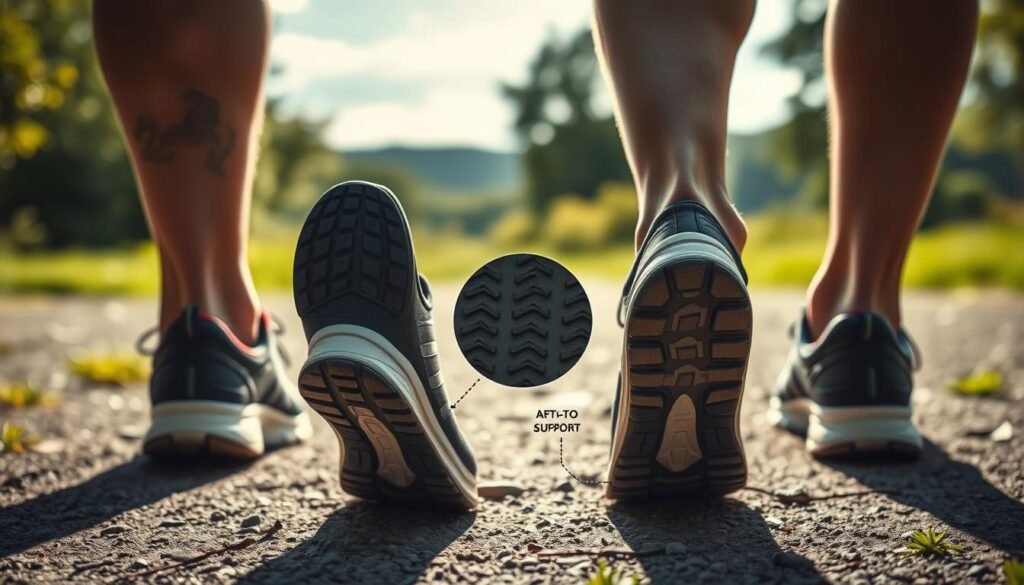 A well-lit, immersive scene showcasing the process of selecting the ideal walking shoe. In the foreground, a pair of feet adorned with different types of walking shoes, each with unique tread patterns and cushioning. In the middle ground, a detailed examination of the shoes' features, with a focus on arch support and heel-to-toe drop. The background depicts a serene outdoor setting, with lush greenery and a clear sky, subtly hinting at the intended use of the walking shoes. The overall mood is one of thoughtful consideration and preparation, inviting the viewer to engage in the decision-making process for their next walking adventure. A well-lit, immersive scene showcasing the process of selecting the ideal walking shoe. In the foreground, a pair of feet adorned with different types of walking shoes, each with unique tread patterns and cushioning. In the middle ground, a detailed examination of the shoes' features, with a focus on arch support and heel-to-toe drop. The background depicts a serene outdoor setting, with lush greenery and a clear sky, subtly hinting at the intended use of the walking shoes. The overall mood is one of thoughtful consideration and preparation, inviting the viewer to engage in the decision-making process for their next walking adventure.