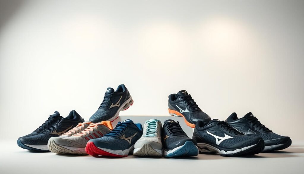A well-lit, studio-style photograph showcasing a variety of Mizuno running shoes against a clean, minimal background. The shoes are arranged in the foreground, with various models and colorways displayed side-by-side to highlight their unique features and differences. The middle ground features a simple, uncluttered backdrop, allowing the shoes to be the central focus. Subtle, natural lighting from above casts an even, flattering glow across the scene, accentuating the materials and details of the footwear. The overall atmosphere is professional, polished, and designed to help the viewer clearly evaluate and compare the Mizuno shoes, as if they were in a retail or showroom setting.