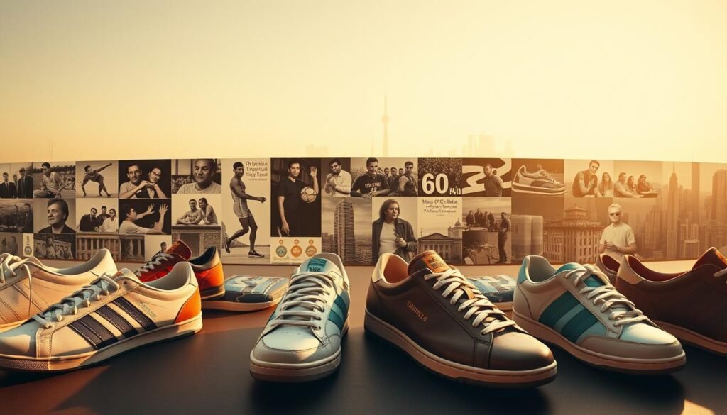 A wide, panoramic view of the Olympikus brand's rich history, captured in a stylish and visually compelling manner. In the foreground, a collection of iconic Olympikus sneakers, each representing a significant era or design innovation, meticulously crafted with attention to detail. In the middle ground, a montage of archival imagery and historical milestones, showcasing the brand's evolution and its deep connection to the Brazilian athletic and cultural landscape. The background features a sleek, minimalist cityscape, hinting at the brand's contemporary relevance and global reach. The overall composition is bathed in warm, golden tones, conveying a sense of heritage, progress, and the enduring spirit of the Olympikus brand.