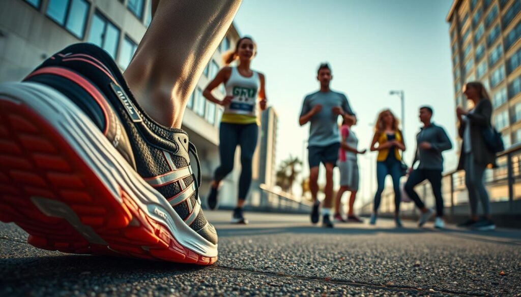 An expertly crafted image showcasing Olympikus Corre 4 from various perspectives. The foreground features a close-up of the shoe's intricate design, highlighting its sleek silhouette, vibrant color palette, and high-performance features. The middle ground captures a runner wearing the Corre 4 in an urban setting, showcasing the shoe's versatility and comfort for daily activities. In the background, a diverse group of fitness enthusiasts and running experts engage in dynamic discussions, offering their professional opinions and insights on the shoe's performance, durability, and suitability for different running terrains and conditions. The lighting is natural and warm, casting a pleasant glow over the scene, while the camera angle is positioned to capture the interplay of the various elements, creating a visually striking and informative image.