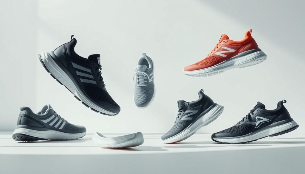 Running shoes for women and men, up to R$ 1000, in a modern, minimalist style. A dynamic composition shows the shoes from multiple angles, capturing their sleek design, lightweight materials, and advanced cushioning technology. The scene is bathed in soft, natural lighting, with a clean, predominantly white background that allows the shoes to take center stage. The image conveys a sense of performance, comfort, and versatility, appealing to both active and fashion-conscious consumers.