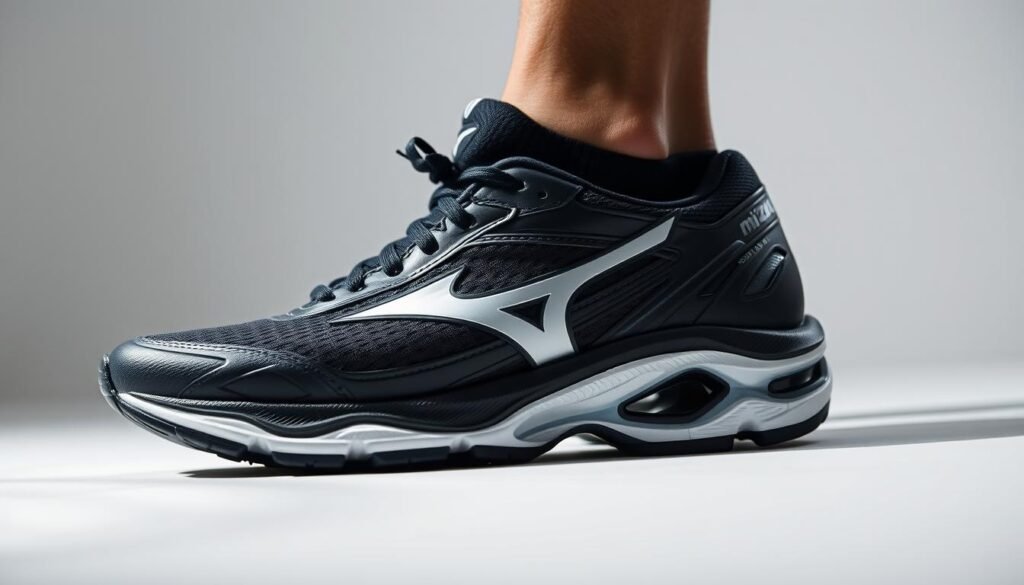a detailed close-up photograph of the Mizuno Wave Dynasty 4 running shoe, showcasing its key features and benefits. the shoe is positioned centrally in the frame, captured from a slightly elevated angle to highlight its sleek, modern design. the midsole and upper are in crisp focus, revealing the intricate mesh and synthetic overlays, as well as the dynamic wave-shaped cushioning system. the lighting is soft and diffused, creating subtle shadows that accentuate the shoe's contours and texture. the background is a clean, minimalist studio setup with a plain white or light gray backdrop, allowing the shoe to be the primary focus of the image. a detailed close-up photograph of the Mizuno Wave Dynasty 4 running shoe, showcasing its key features and benefits. the shoe is positioned centrally in the frame, captured from a slightly elevated angle to highlight its sleek, modern design. the midsole and upper are in crisp focus, revealing the intricate mesh and synthetic overlays, as well as the dynamic wave-shaped cushioning system. the lighting is soft and diffused, creating subtle shadows that accentuate the shoe's contours and texture. the background is a clean, minimalist studio setup with a plain white or light gray backdrop, allowing the shoe to be the primary focus of the image.