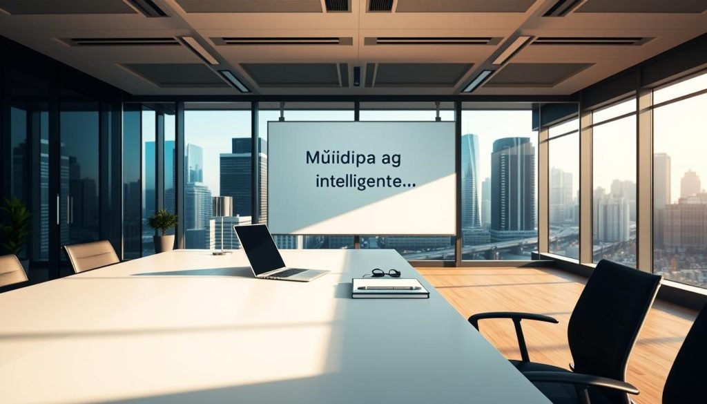 A bright, modern office space with a large, sleek desk in the foreground. Atop the desk, a laptop, smartphone, and a few neatly organized office supplies. In the middle ground, a whiteboard or digital display showcases a presentation on "Mídia paga inteligente" - strategic, data-driven digital advertising. The background features floor-to-ceiling windows overlooking a bustling cityscape, bathed in warm, natural lighting. The overall atmosphere conveys a sense of productivity, innovation, and a savvy approach to digital marketing.