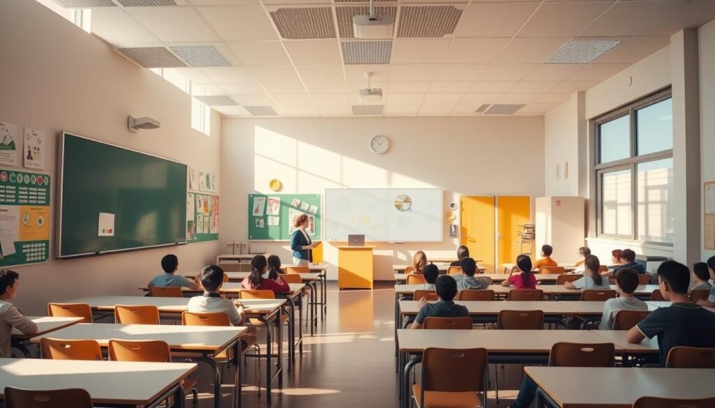A bright, sun-lit classroom with rows of desks and chairs, a large blackboard or whiteboard at the front, and a teacher's podium or lectern. The walls are adorned with colorful educational posters and displays. Natural light streams in through large windows, casting a warm glow over the scene. The classroom has a modern, well-equipped feel, with technological elements like a projector or computer setup. Students are seated, attentively engaged in a lesson or discussion. The atmosphere is one of focused learning, with a sense of productivity and growth.