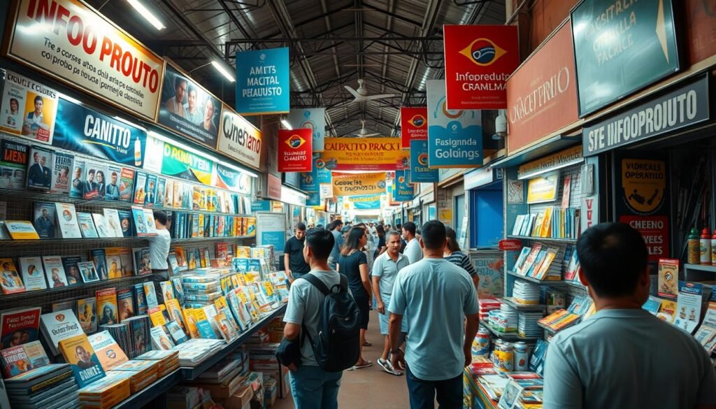 A bustling Brazilian mercado (market) teeming with vibrant infoproduto stalls. The foreground features a diverse array of digital goods and services, from self-help courses to software tools, with vendors passionately promoting their wares. In the middle ground, potential customers peruse the offerings, engaged in lively discussions. The background reveals the market's lively atmosphere, with colorful banners, signs, and the energetic hustle and bustle of a thriving information products industry. Warm, natural lighting casts a inviting glow, creating an atmosphere of opportunity and entrepreneurial spirit. Captured through a wide-angle lens to convey the scope and dynamism of this burgeoning Brazilian infoproduto marketplace.