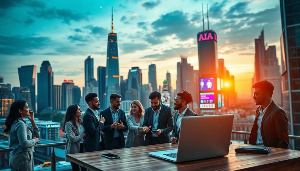A bustling city skyline at twilight, with modern high-rise buildings reflecting the warm glow of the setting sun. In the foreground, a group of diverse people, dressed in business attire, engaged in animated discussions, their gestures and expressions conveying the energy of entrepreneurial collaboration. In the middle ground, a laptop and smartphone on a stylish wooden desk, symbolizing the digital tools and technologies that power the marketing and business strategies. The background features a vibrant cityscape, with neon signs and digital billboards illuminating the urban landscape, representing the digital landscape of modern marketing. The overall mood is one of dynamic progress, innovation, and the fusion of entrepreneurship and digital marketing.