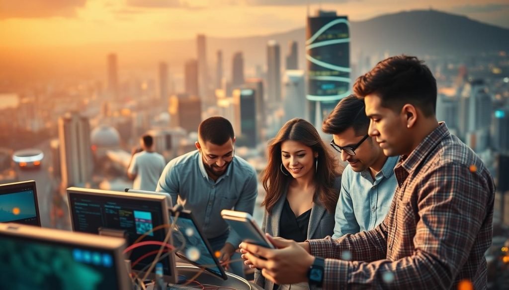 A bustling digital landscape, showcasing the vibrant world of affiliate marketing in Brazil. In the foreground, digital devices and platforms intersect, representing the diverse channels and tools utilized by affiliates. The middle ground features a team of digital entrepreneurs, strategizing and collaborating, their expressions conveying the excitement and dynamism of this evolving market. In the background, a cityscape with skyscrapers and tech hubs symbolizes the scale and integration of the affiliate marketing ecosystem. Warm, ambient lighting creates a sense of productivity and innovation, while a shallow depth of field focuses the viewer's attention on the key elements of this thriving digital economy.