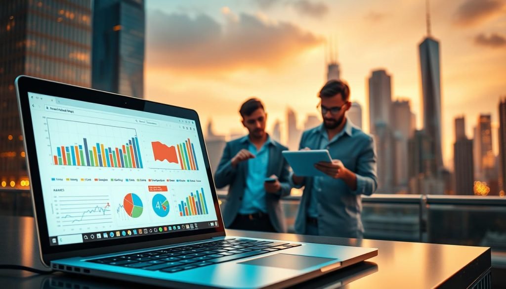 A bustling digital landscape, with a sleek laptop in the foreground, its screen displaying vibrant charts and graphs. In the middle ground, a team of entrepreneurs collaborating on a tablet, their expressions focused and determined. The background showcases a cityscape of towering skyscrapers, symbolizing the growth and potential of the digital marketing industry. Warm lighting casts a soft glow, creating an atmosphere of productivity and innovation. The scene captures the essence of entrepreneurship and digital marketing, inspiring and empowering the viewer.