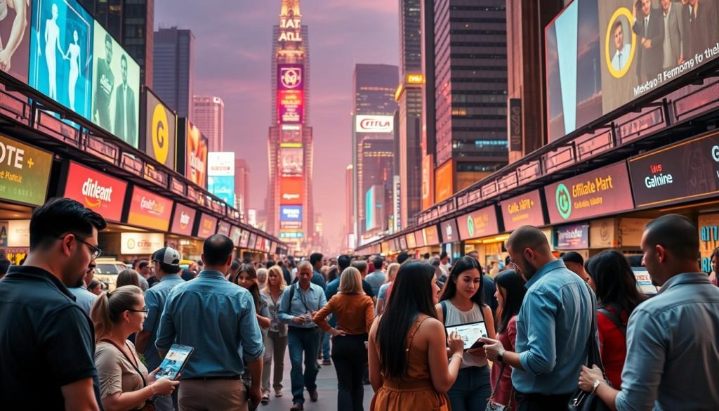 A bustling marketplace filled with vibrant activity, showcasing the diverse world of affiliate marketing. In the foreground, a group of individuals engaged in lively discussions, exchanging ideas and strategies. The middle ground features a variety of digital devices, representing the technology that powers the affiliate landscape. In the background, a sleek, futuristic city skyline with towering buildings and glowing neon signs, symbolizing the global scale and potential of the affiliate market. Warm lighting casts a welcoming glow, creating an atmosphere of collaboration and opportunity. The scene conveys the dynamic and ever-evolving nature of the affiliate industry, where entrepreneurs and marketers come together to unlock financial success.