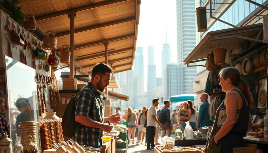 A bustling marketplace with inspired entrepreneurs showcasing their unique wares and innovative solutions. Warm afternoon sunlight filters through the open-air stalls, casting a soft glow on the dynamic displays. In the foreground, a diverse array of handcrafted products and artisanal goods catch the eye, while in the middle ground, passionate business owners engage with eager customers. In the background, a cityscape of modern architecture and towering skyscrapers symbolizes the ever-evolving nature of the market. The scene exudes a sense of possibility, creativity, and the relentless drive to turn dreams into reality.