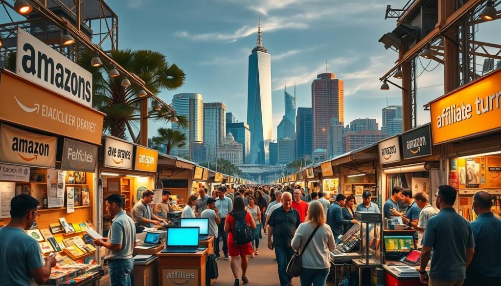 A bustling open-air market, with stalls displaying a diverse array of affiliate program offerings. In the foreground, vendors enthusiastically pitch their products and services to a crowd of attentive buyers. The middle ground showcases a tapestry of digital devices, laptops, and smartphones, reflecting the evolution of affiliate marketing from the early days of Amazon to the current landscape of sophisticated online platforms. In the background, a cityscape with towering skyscrapers and modern architecture, symbolizing the growth and maturity of the affiliate marketing industry over the decades. Warm, golden lighting illuminates the scene, evoking a sense of prosperity and opportunity. The overall atmosphere conveys the reliable and trustworthy nature of the affiliate marketing ecosystem, from its humble beginnings to its current prominence.