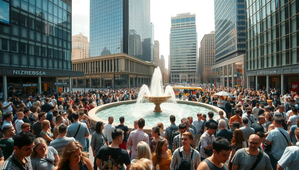 A bustling urban scene, capturing the vibrant energy of a public plaza. In the foreground, a diverse crowd of people mingle, their expressions animated as they engage in lively discussions. The middle ground features a central fountain, its flowing water casting a serene and reflective ambiance. Surrounding the plaza, sleek modern buildings rise up, their glass facades gleaming in the warm sunlight. The overall mood is one of dynamic activity, with a sense of community and connection. Captured through a wide-angle lens, the scene conveys a sense of openness and inclusivity, reflecting the essence of "público" as a hub of public life and interaction.