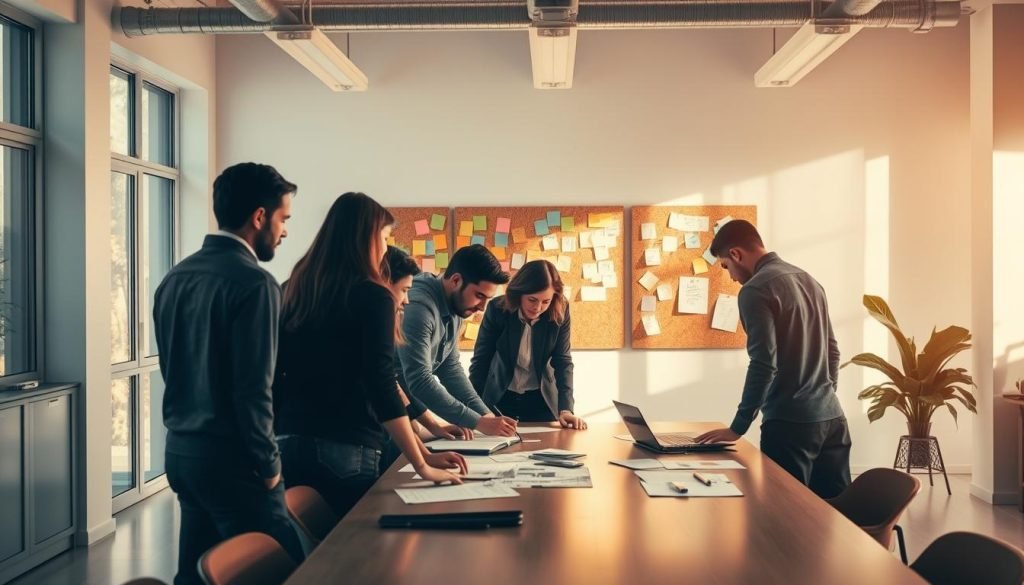 A bustling workspace comes into view, illuminated by natural light streaming through large windows. In the foreground, a team of eager entrepreneurs huddle around a table, poring over notes and sketches. The middle ground features a cork board adorned with scribbled ideas and colorful Post-it notes, conveying a sense of focused ideation. In the background, a sleek, minimalist decor sets the tone for a modern, professional setting. Warm, soft lighting highlights the concentration and collaborative spirit of the "Primeiros passos" - the first steps towards launching a new digital marketing venture.