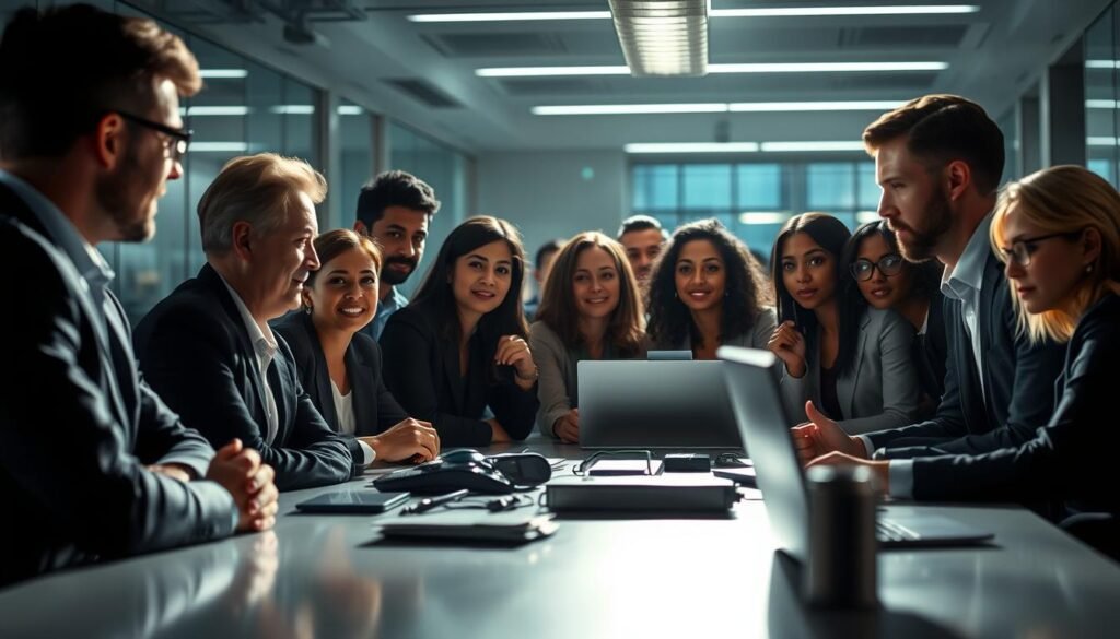 A busy but focused office environment, with a group of diverse professionals gathered around a conference table, engaged in a lively discussion. High-contrast lighting casts dramatic shadows, creating a sense of intensity and purpose. The foreground features the attentive, well-dressed attendees leaning in, their expressions conveying rapt attention. The middle ground showcases sleek, modern furniture and equipment, suggesting a technologically-advanced workspace. The background is softly blurred, drawing the viewer's eye to the core subject - the qualified, engaged audience.