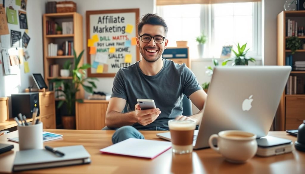 A cheerful, hardworking individual, dressed casually in a t-shirt and jeans, sitting at a desk in a cozy home office. The foreground showcases their laptop, smartphone, and a cup of coffee, symbolizing the tools of their affiliate marketing trade. The middle ground features a bulletin board with colorful notes and motivational quotes, hinting at their dedication to their side hustle. The background depicts a warm, sunlit room with bookshelves and plants, creating a sense of comfort and productivity. The overall atmosphere conveys the advantages of affiliate marketing as a source of extra income with a low barrier to entry.