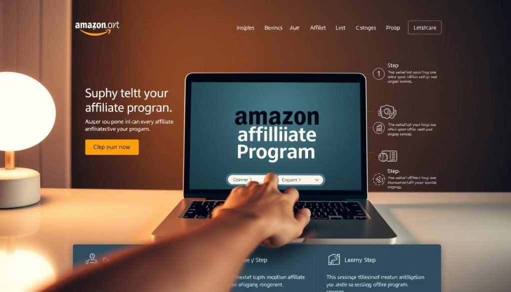 A clean, modern web page layout with a hero section showcasing a laptop displaying the "Amazon Affiliate Program" logo, surrounded by informative graphics and icons. The foreground features a human hand interacting with the laptop screen, emphasizing the interactive nature of the program. The middle ground includes graphical elements highlighting the step-by-step process, while the background maintains a minimalist, professional aesthetic with subtle gradients and geometric patterns. Warm, soft lighting creates a welcoming and inviting atmosphere, drawing the viewer's attention to the key features of the affiliate program.