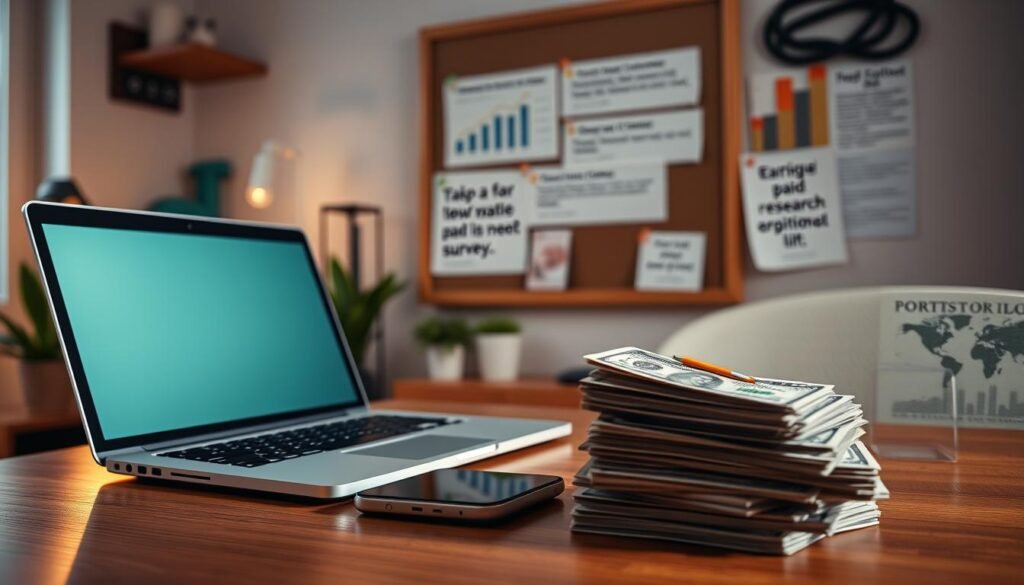 A cozy home office setting with a laptop, smartphone, and a stack of cash on a wooden desk. In the background, a bulletin board displays graphs, charts, and positive online reviews, hinting at the trustworthy and lucrative nature of paid online surveys. Soft, warm lighting illuminates the scene, creating an inviting and productive atmosphere. The overall impression conveys the ease and reliability of earning extra income through reputable paid research opportunities.