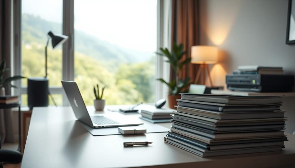A cozy home office setting, with a sleek laptop and various digital devices neatly arranged on a minimalist desk. The lighting is soft and diffused, creating a warm, productive atmosphere. In the foreground, a stack of books and folders symbolize the creation of digital products, while in the background, a large window overlooks a lush, verdant landscape, hinting at the freedom and flexibility that digital entrepreneurship can provide. The overall scene conveys a sense of focus, creativity, and the promise of financial success through the development and sale of digital products.