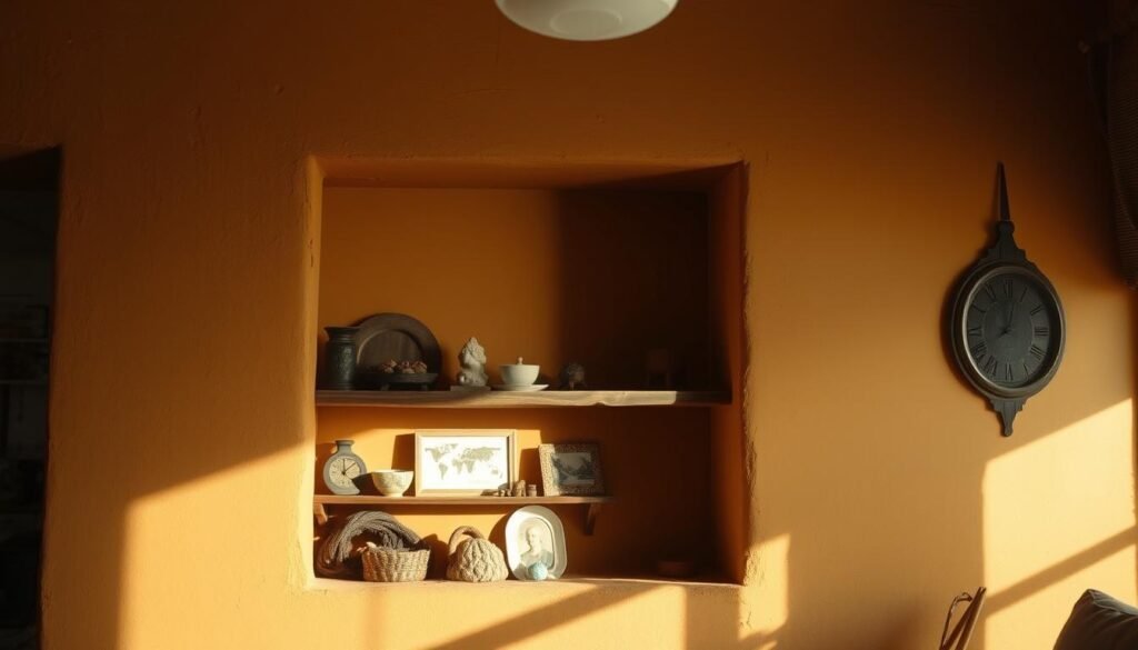 A cozy, well-lit interior space featuring a rustic wooden shelf or niche, adorned with various handcrafted items and personal mementos. The niche is positioned against a warm, earthy-toned wall, casting gentle shadows and creating a sense of depth and coziness. The arrangement of the items within the niche suggests a harmonious blend of form and function, reflecting the interests and personality of the owner. The overall atmosphere is inviting and inspires a feeling of comfort and authenticity, suitable for a section on finding the right niche for an affiliate business.