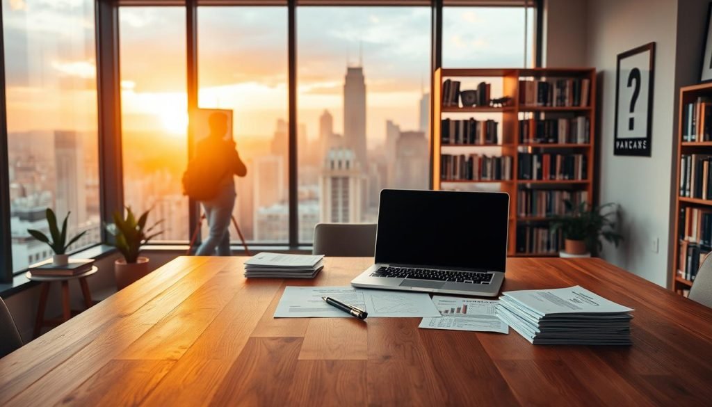 A cozy, well-lit office space with a large wooden desk in the foreground. On the desk, a laptop, a pen, and a stack of papers symbolizing a business plan. In the middle ground, a bookshelf filled with business and entrepreneurship books. The background features a large window overlooking a vibrant cityscape, bathed in warm, golden light, conveying a sense of inspiration and opportunity. The overall scene exudes professionalism, focus, and the excitement of embarking on a new digital business venture.