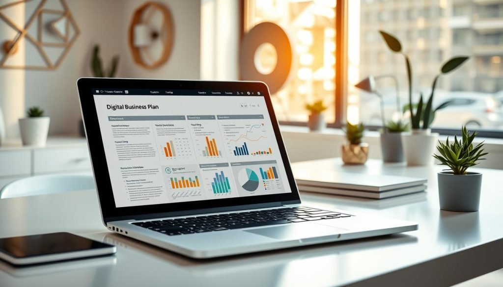 A detailed digital business plan on a sleek modern laptop, surrounded by a minimalist workspace with a clean white desk, potted plants, and a geometric wall display. The plan features well-organized sections, charts, and graphs in a sophisticated color palette. Soft natural lighting from a large window casts a warm glow, creating a professional and productive atmosphere. The overall composition emphasizes the thoughtful planning and strategic approach needed to succeed in the digital entrepreneurial landscape.