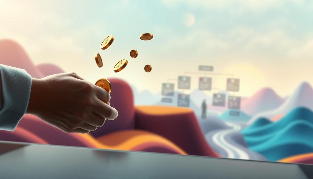 A detailed illustration of a "comissão" (commission) model for affiliate marketing. In the foreground, a digital representation of a commission payment process, with coins or monetary symbols flowing between two entities. In the middle ground, a stylized visualization of an affiliate program structure, featuring different participant roles and interconnected pathways. The background showcases a vibrant, abstract landscape suggestive of the online marketing ecosystem, with dynamic shapes, gradients, and geometric patterns that convey a sense of growth, interconnectivity, and financial opportunity. The lighting is soft and diffused, creating a sense of depth and atmosphere. The overall composition should be visually striking, conveying the key concepts of affiliate marketing compensation models in a clear and compelling manner.