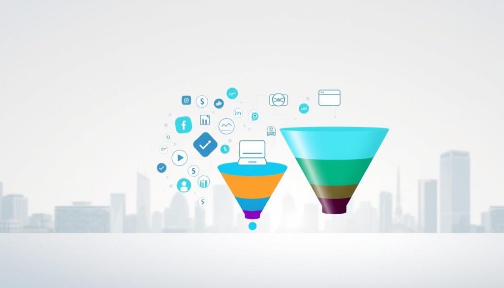 A digital marketing sales funnel set against a bright, clean background. In the foreground, a stylized funnel with distinct stages represented by different colored sections. The middle ground features various digital marketing icons and symbols - a mobile phone, laptop, social media logos, and data visualization elements. In the background, a cityscape with modern, minimalist architecture, hinting at the digital, technological nature of the subject. The lighting is soft and diffused, creating a sleek, professional aesthetic. The overall mood is one of efficiency, organization, and the seamless integration of digital marketing strategies.