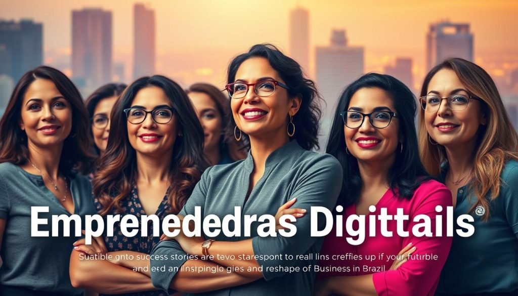 A dynamic group of female entrepreneurs, their expressions radiating determination and vision, standing proudly against a backdrop of a vibrant, digitally-inspired cityscape. Warm lighting casts an inspiring glow, capturing the entrepreneurial spirit and the transformative power of technology. The women, diverse in age and background, embody the spirit of "Empreendedoras Digitais", showcasing the real-world success stories that are inspiring others to harness the potential of the digital landscape and reshape the future of business in Brazil.