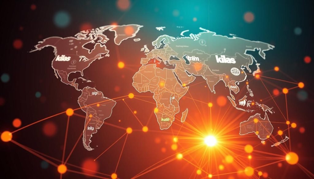 A high-resolution image of a global affiliate marketing network, featuring a world map in the background with various international logos and icons representing different affiliate programs and partnerships. In the foreground, there is a dynamic, interconnected web of lines and nodes, symbolizing the intricate web of global affiliations. The scene is bathed in a warm, vibrant color palette, conveying a sense of growth, collaboration, and worldwide reach. The overall composition should evoke a sense of scale, complexity, and the vast potential of international affiliate marketing.